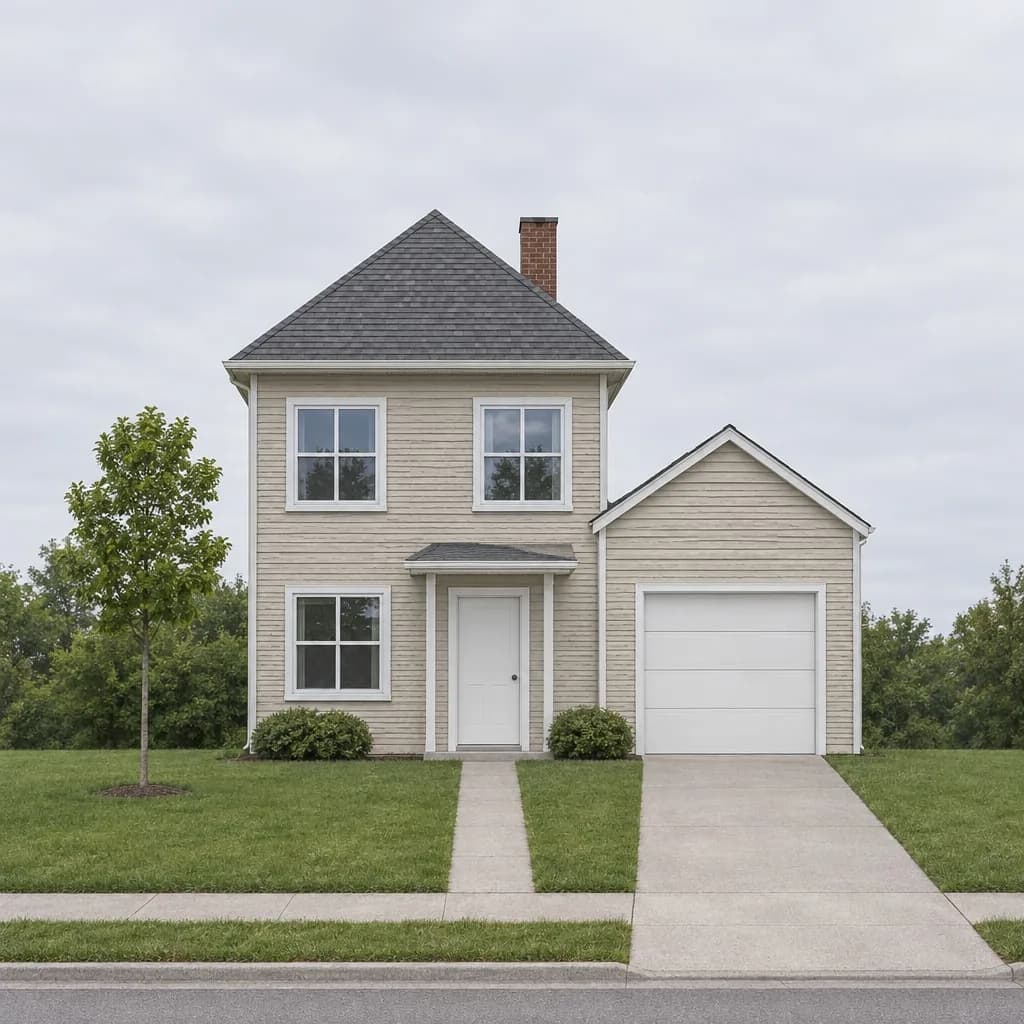 A two-storey suburban house with faded beige siding, white trim, a brick chimney and a white garage door, under a grey overcast sky