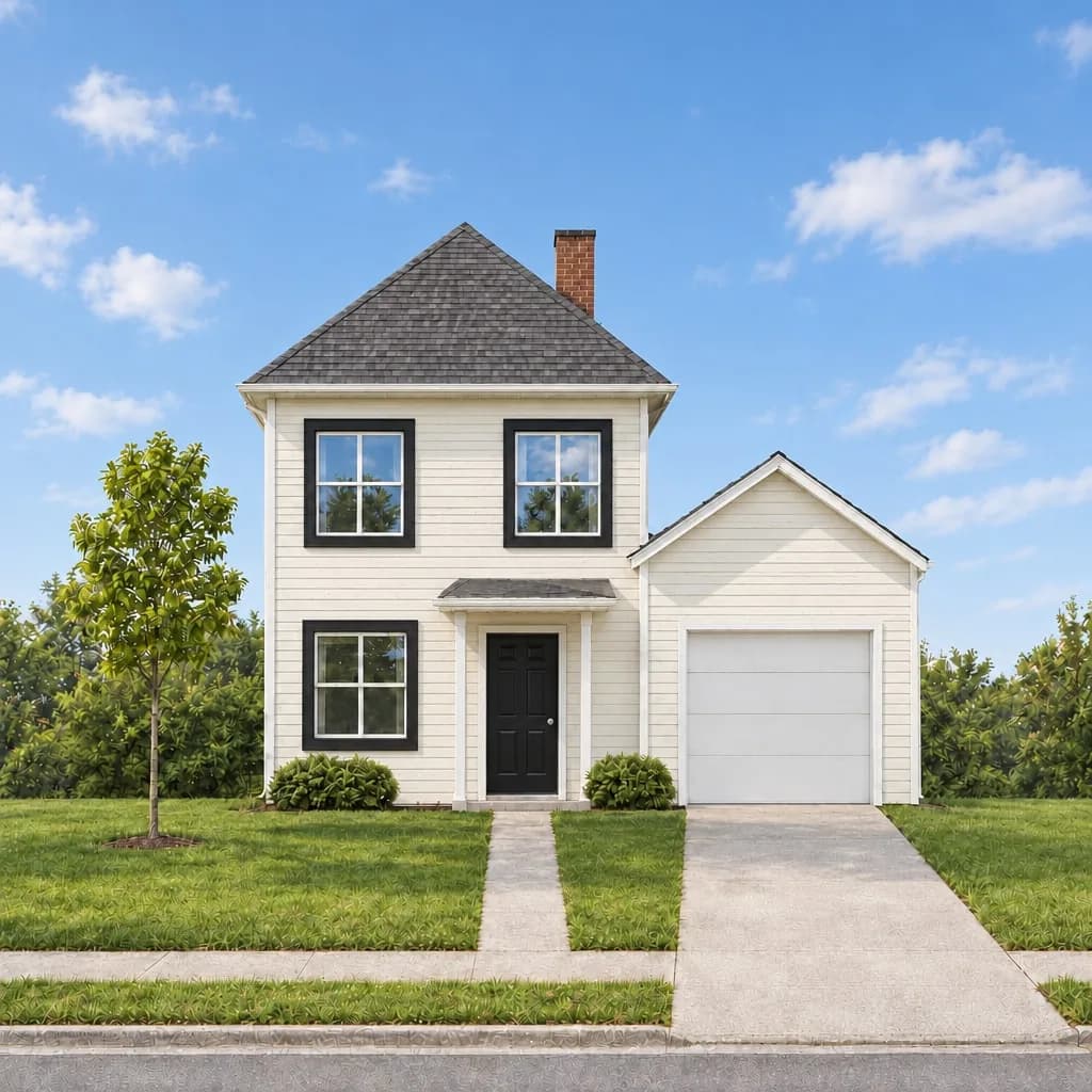 The same house under a clear blue sky with a few white clouds, in soft sunshine
