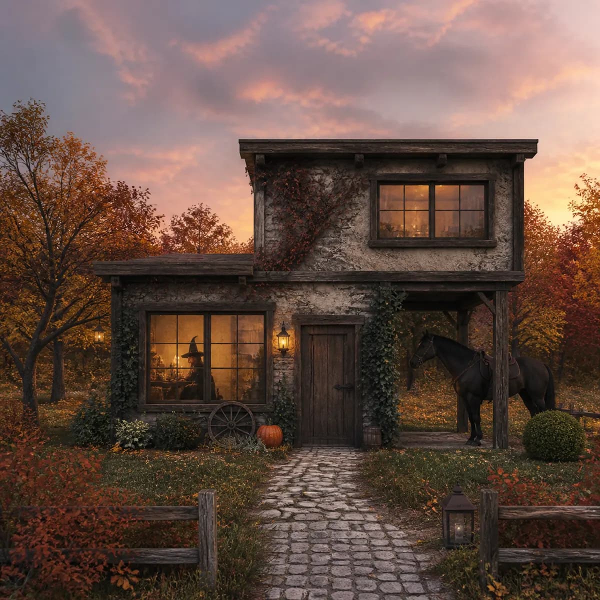 AI render of a two-story house sketch as a stone medieval cottage at dusk, with autumn trees, a horse under the overhang and a pumpkin by the door
