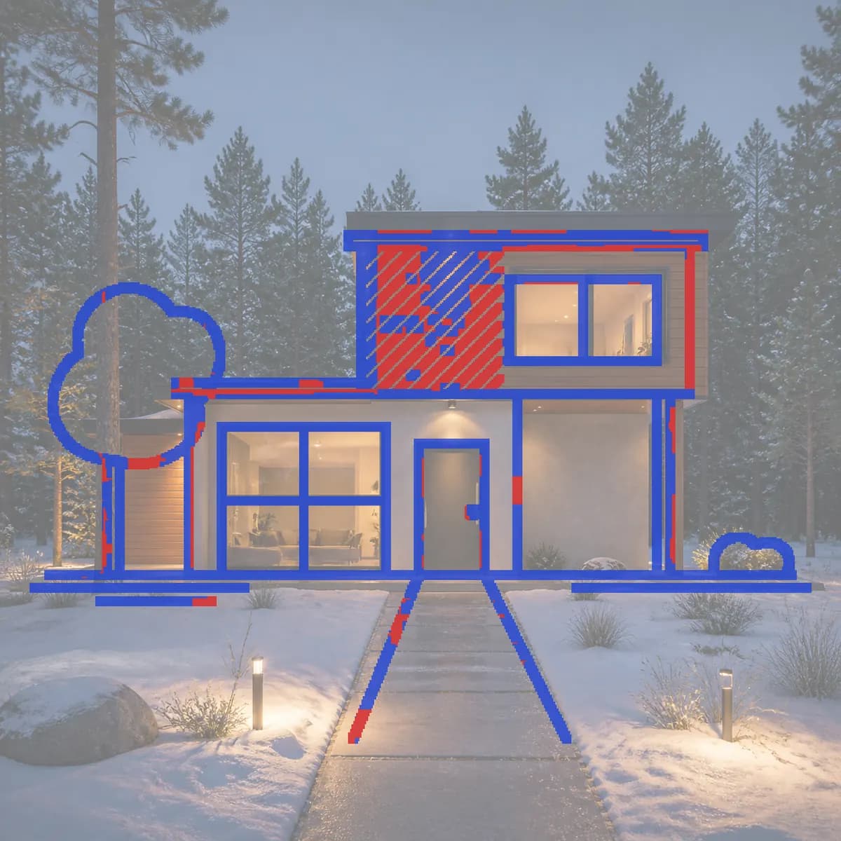 Line check overlay on an AI render of a two-story house at night: the sketch's lines drawn over the faded render, kept lines in blue and lost lines in red