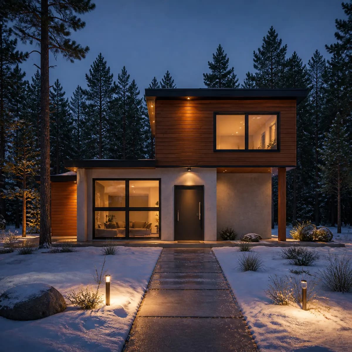 AI render of a two-story modern house at night in snow, with a cedar-clad upper block, lit windows and a pine forest behind, made from a line sketch