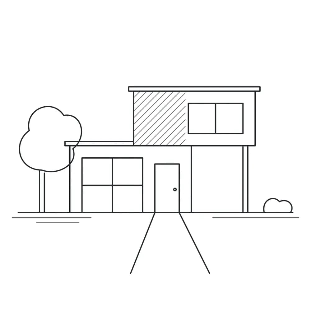 A line drawing of a two-story modern house with a hatched upper block, trees and a path