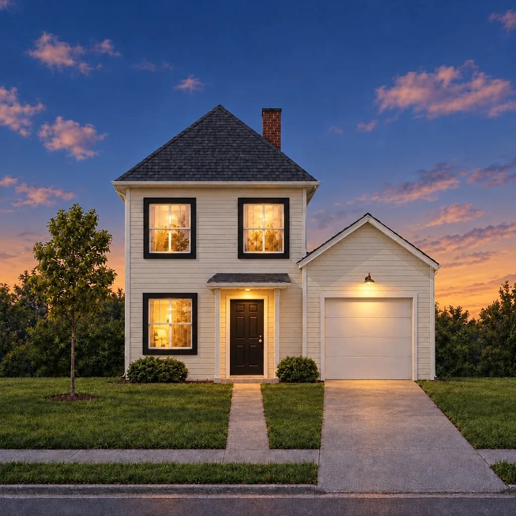 The same house at twilight: deep blue sky with an orange glow, warm light in every window, porch and garage lights on