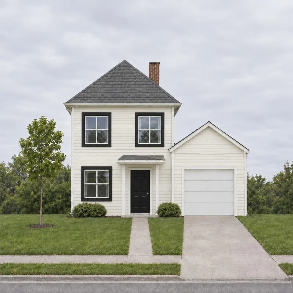 A two-storey white house with black trim under a flat grey overcast sky