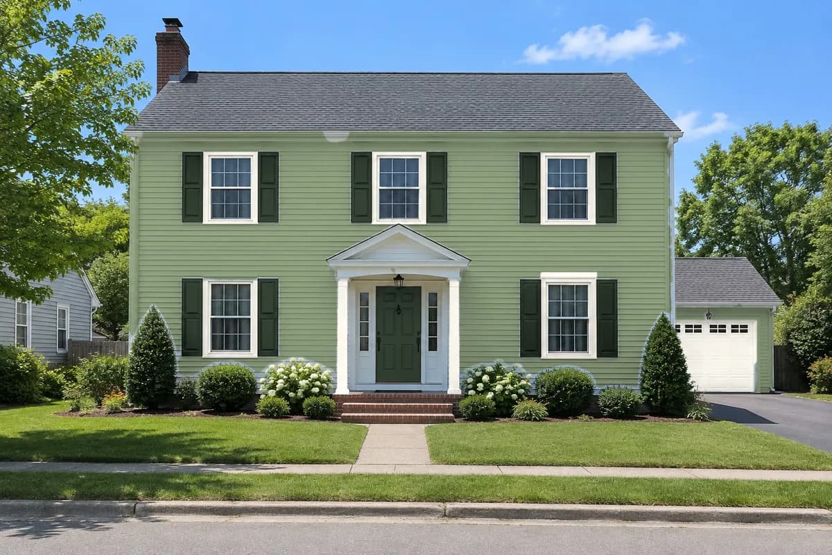 The same colonial with sage green siding, cream trim and garage door, and dark green shutters and door; roof, brick, windows and garden unchanged