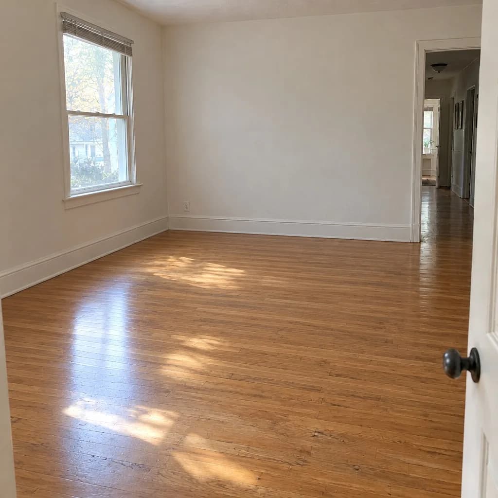 The same room emptied: bare oak floor, white walls, the window and the doorway kept