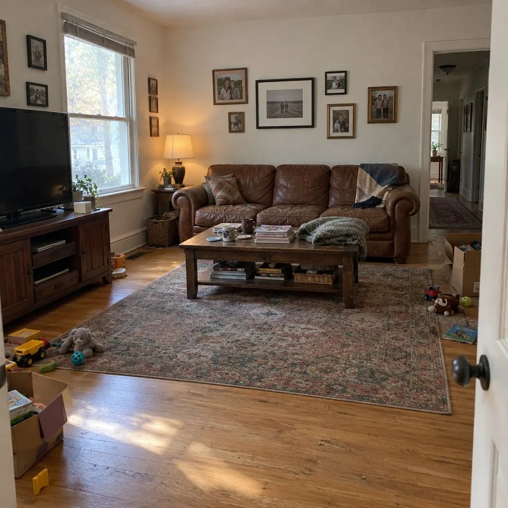 A lived-in living room with a leather sofa, a cluttered coffee table and toys