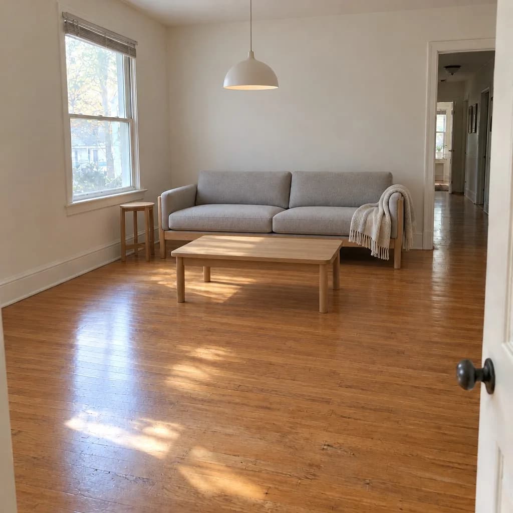 The same room virtually staged with a sofa, coffee table, rug and plants