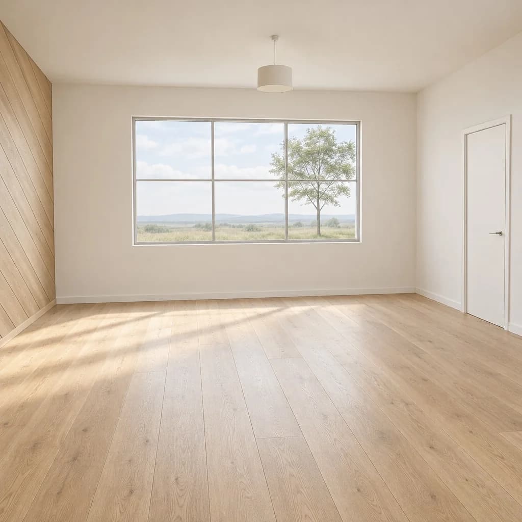 An empty room for a listing: white walls, light oak floor, a wide window and a door