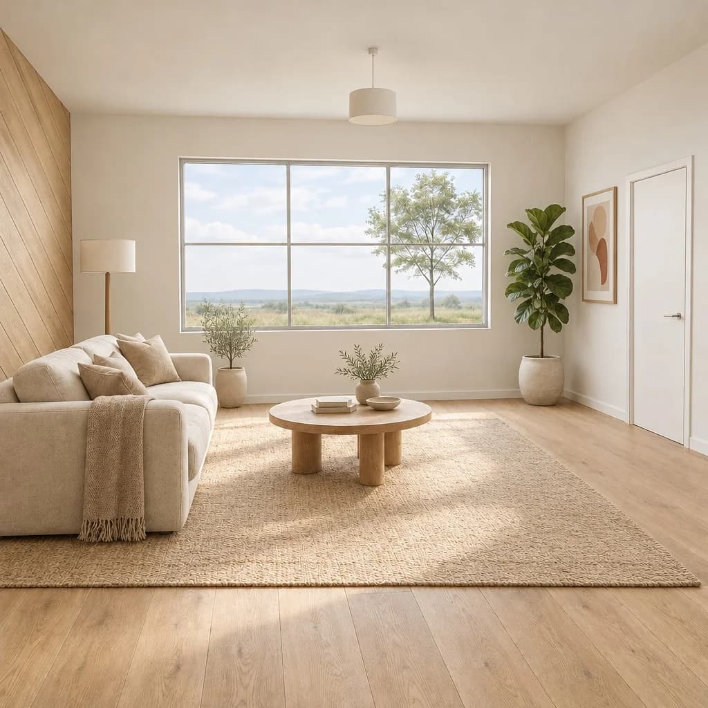 An empty listing room virtually staged in a modern style with a sofa, a round coffee table, a rug, a lamp and plants