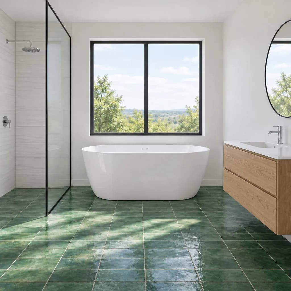 The same bathroom with an emerald green zellige tile floor