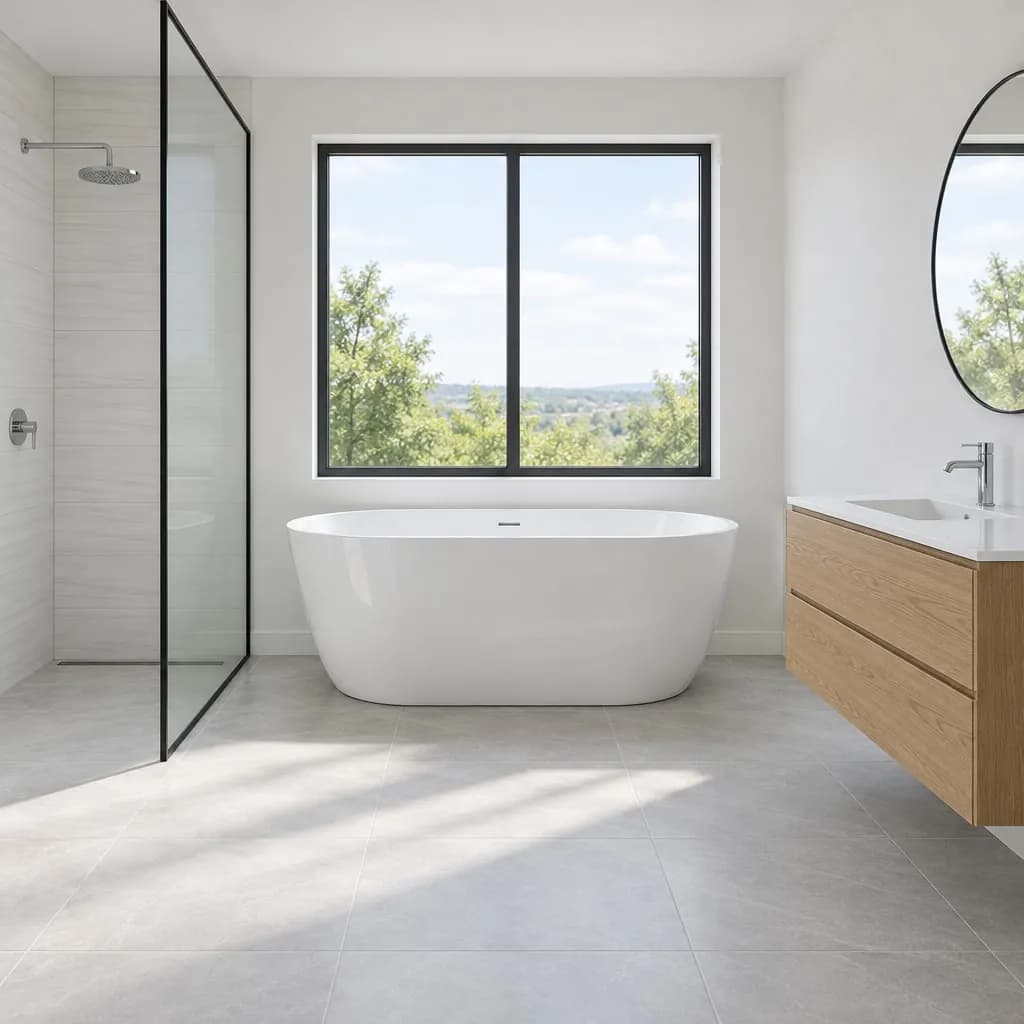 A bright bathroom with a freestanding tub, glass shower and oak vanity on light grey tiles