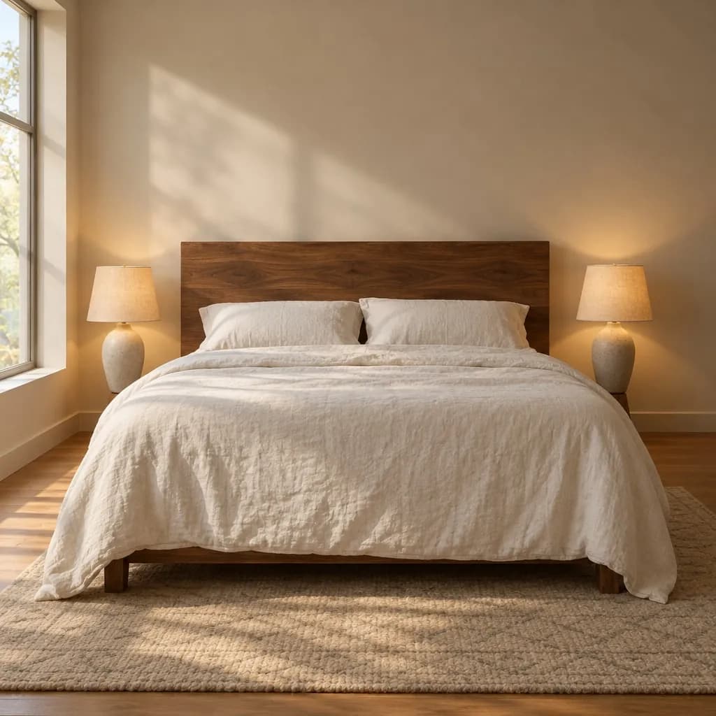 A calm bedroom with a walnut headboard and linen bedding in morning light