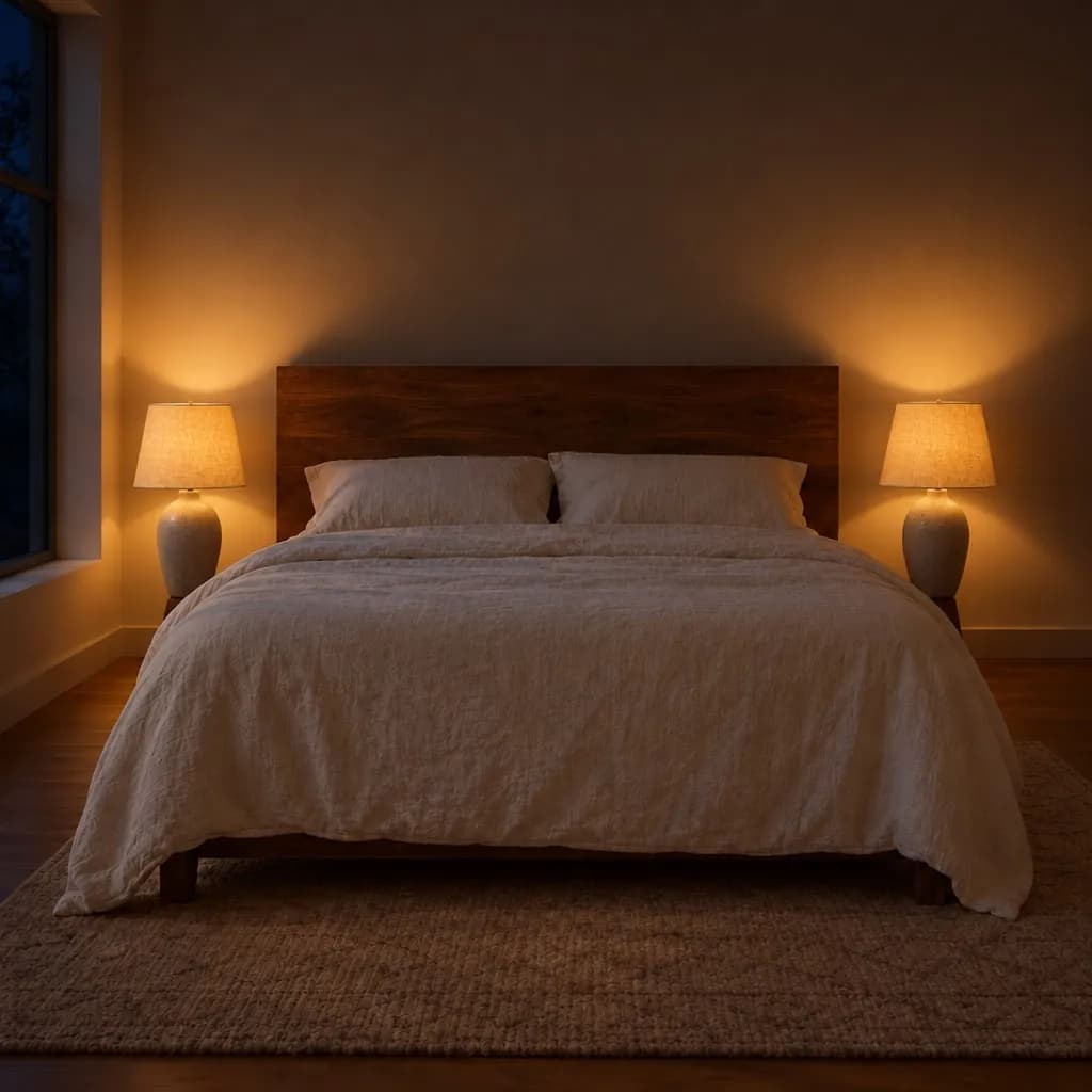 The same bedroom at night, lit only by the bedside lamps