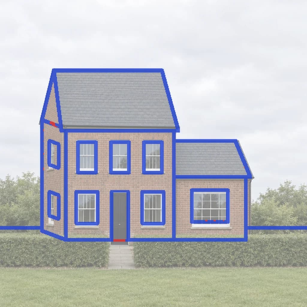 The line check: the model view's lines drawn over the render, blue where kept and red where lost