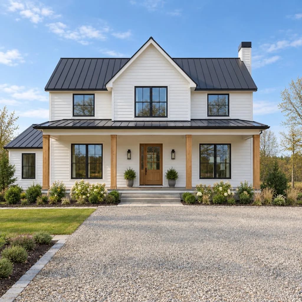 A white modern farmhouse with a metal roof and a porch under a blue sky