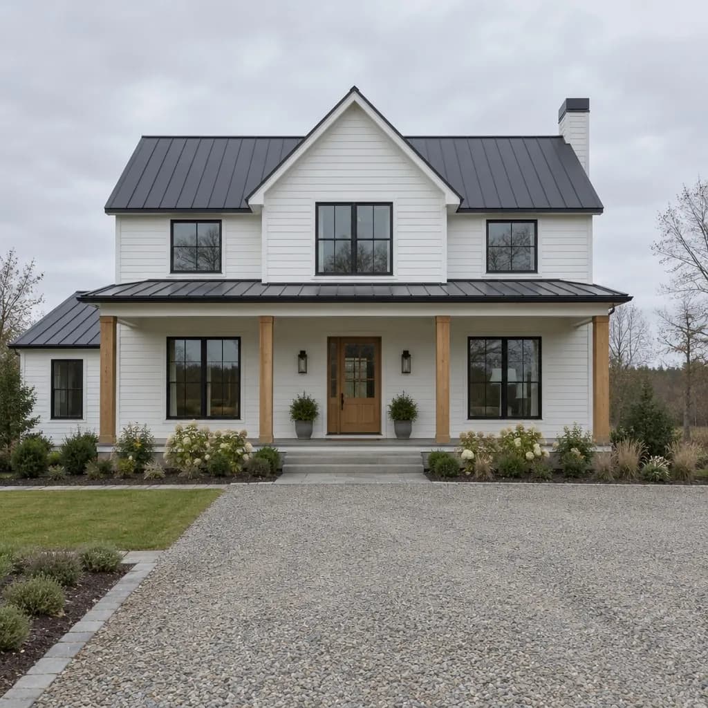 The farmhouse under a flat grey overcast sky