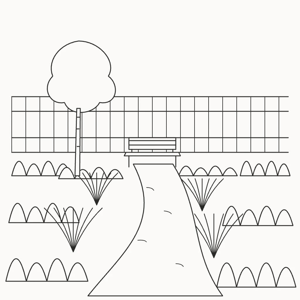 Line sketch of a garden path leading to a bench between planting beds