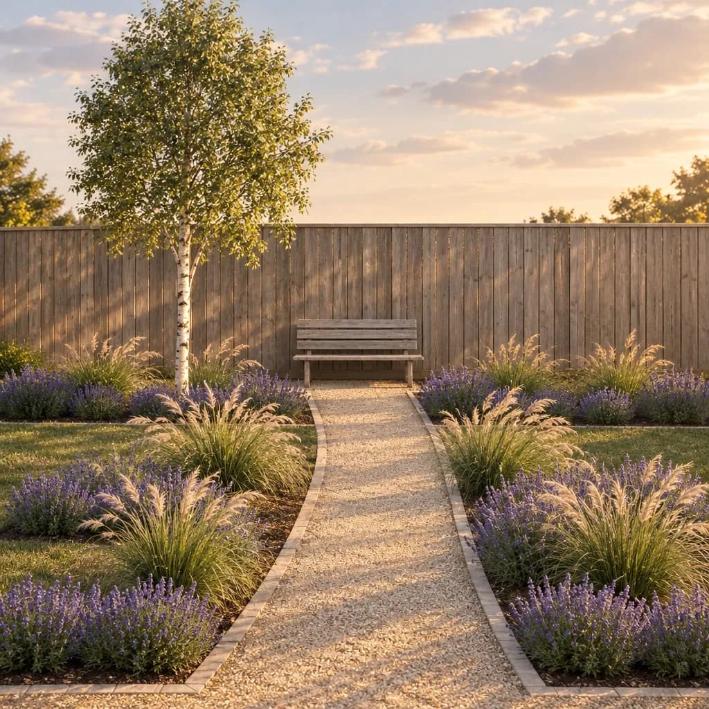 The garden rendered with a gravel path, lavender, grasses, a birch and an oak bench