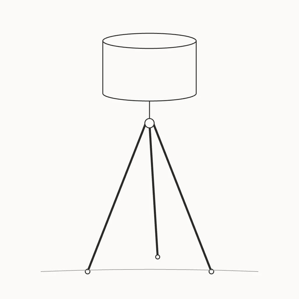 Line sketch of a tripod floor lamp with a drum shade