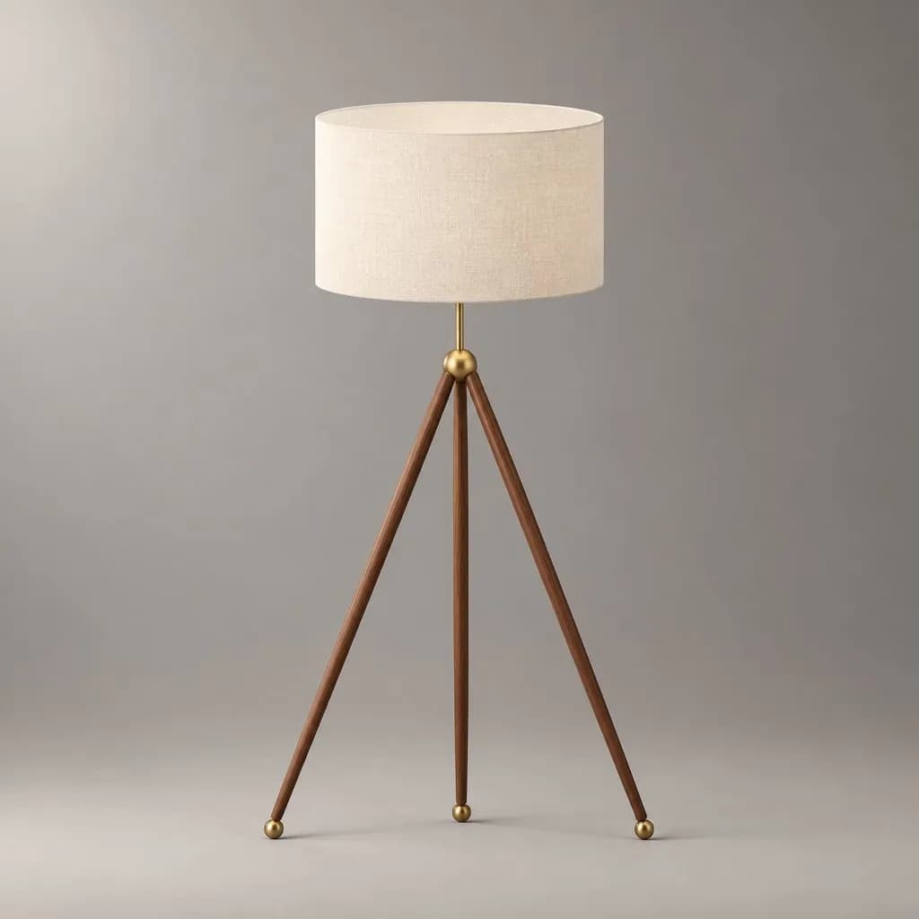 The lamp rendered with walnut legs, brass joints and a cream linen shade on a grey backdrop