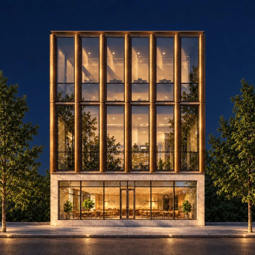 The same building at night, every floor lit behind the glass