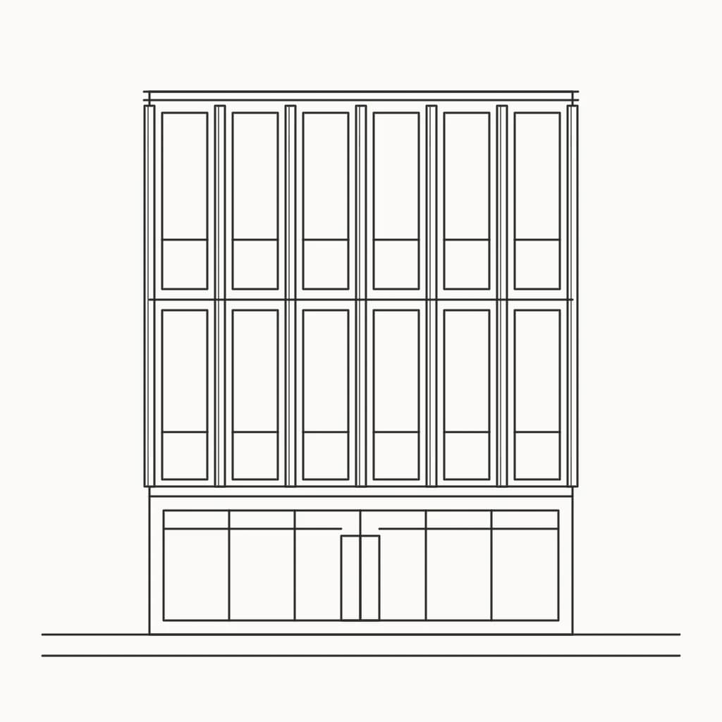 Line elevation of a three-storey building with a glass shopfront and tall windows