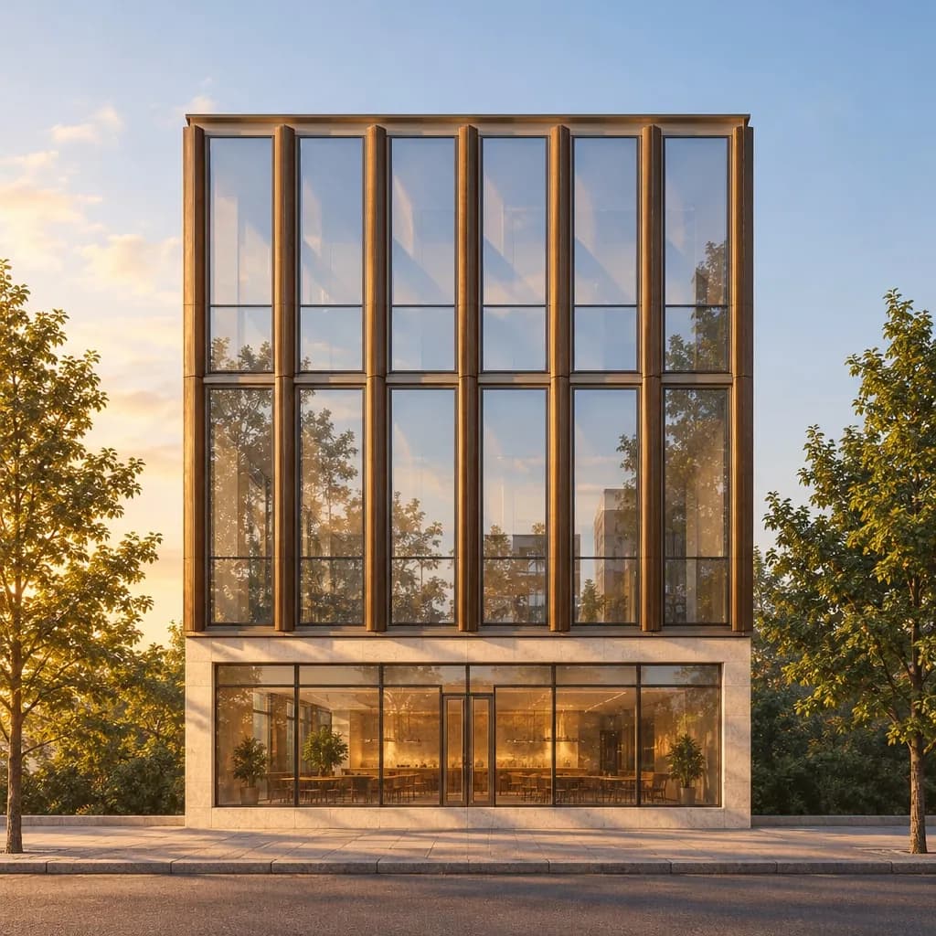 The same building rendered with bronze fins, a stone base and a lit café at golden hour