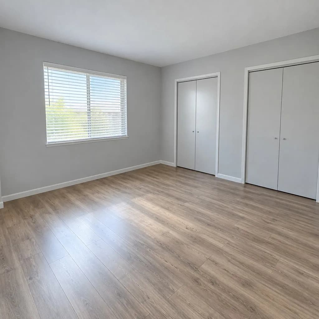 An empty bedroom with grey walls, a laminate floor, a window with blinds and closet doors