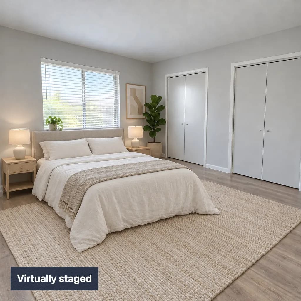 The same bedroom staged with a bed, side tables, a rug and a plant