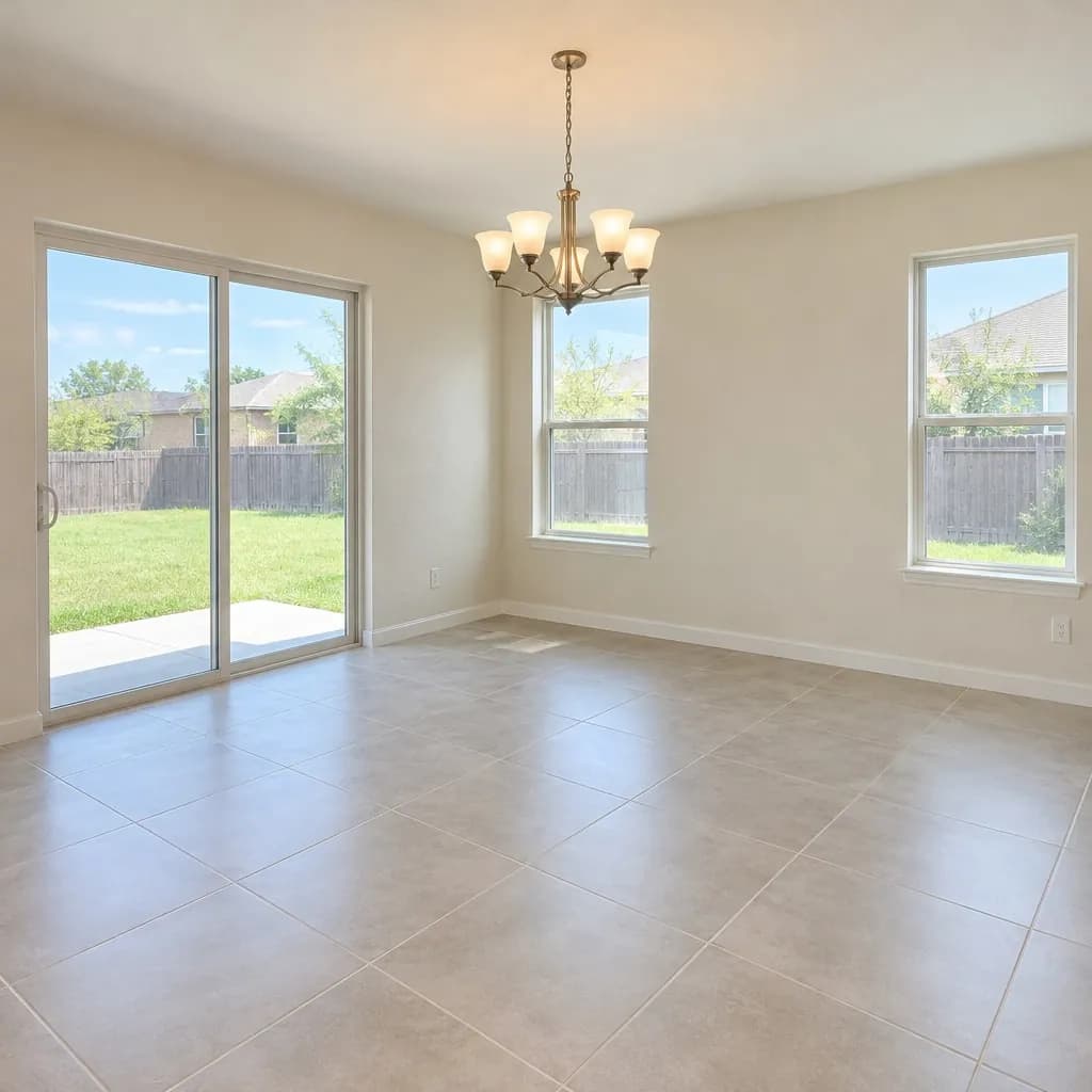 An empty dining area with sliding glass doors and a chandelier