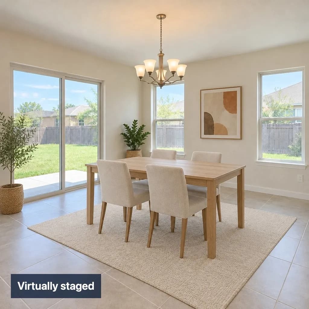 The same dining area staged with a table, six chairs, a rug and a plant