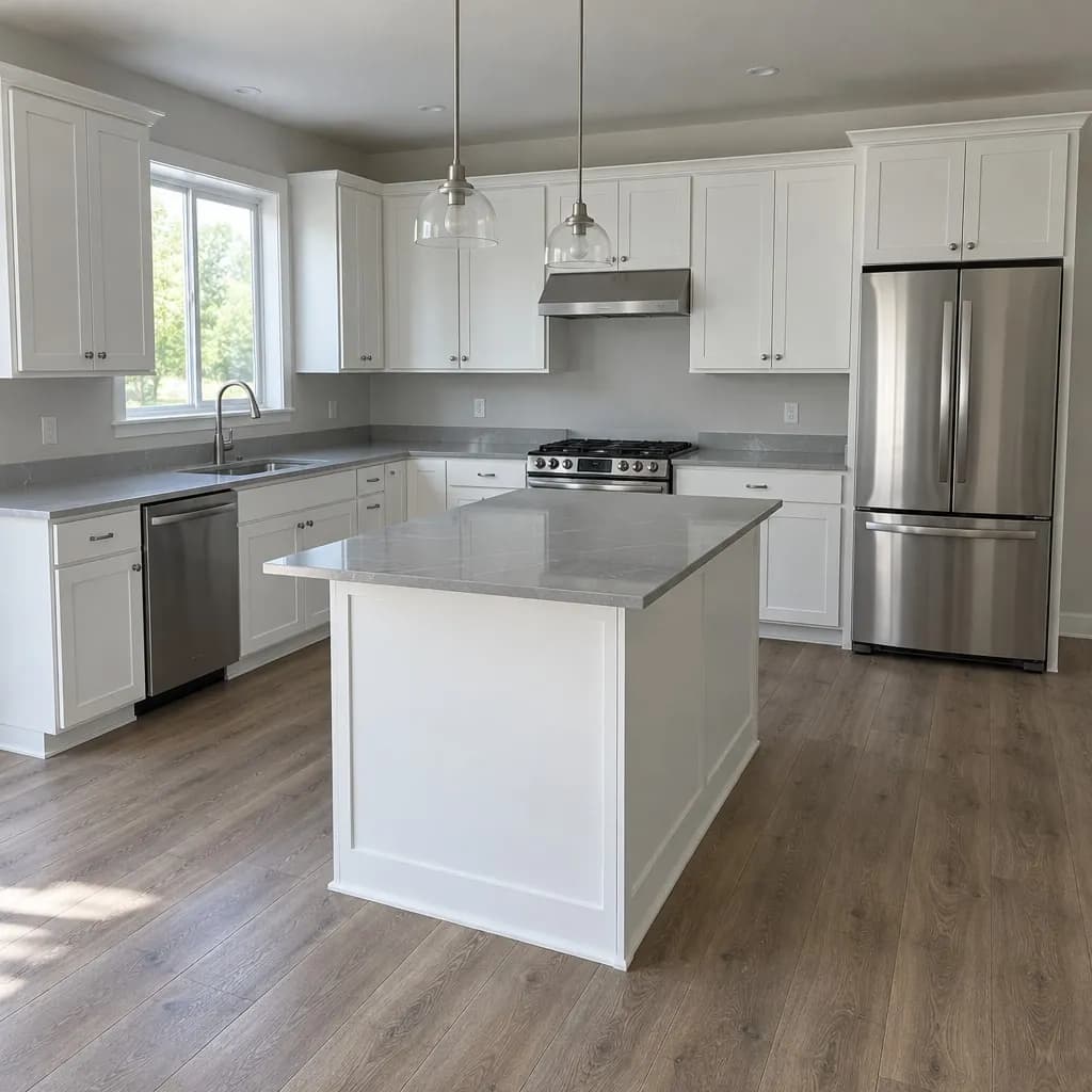 A kitchen with white shaker cabinets, grey counters and a small island