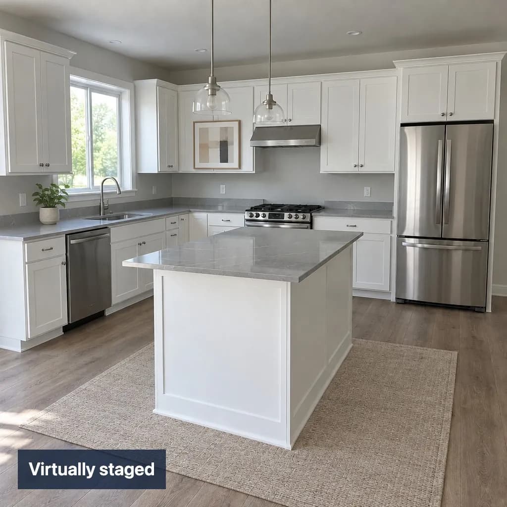 The same kitchen with a rug and art added; cabinets and appliances unchanged