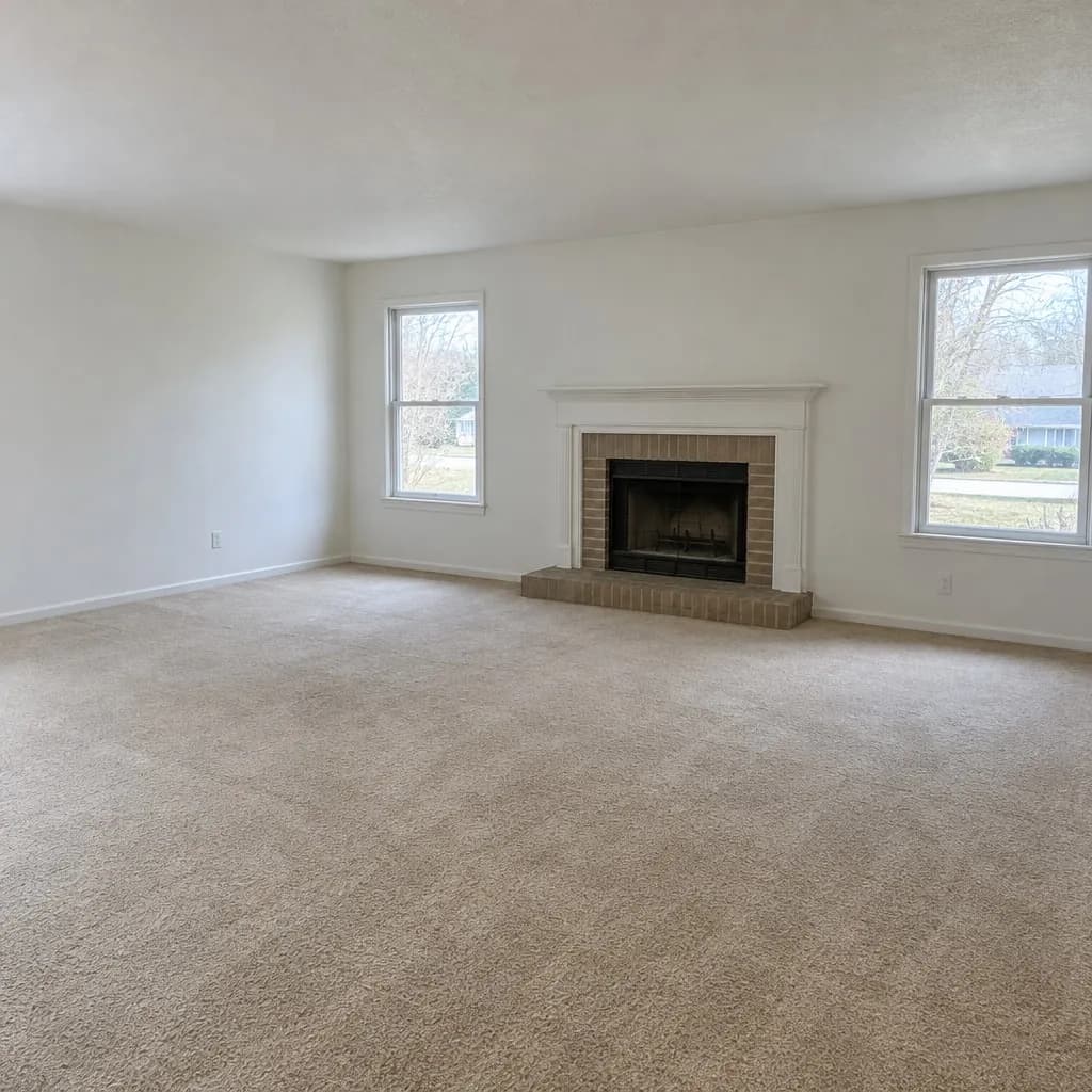 An empty living room with beige carpet, two windows and a fireplace