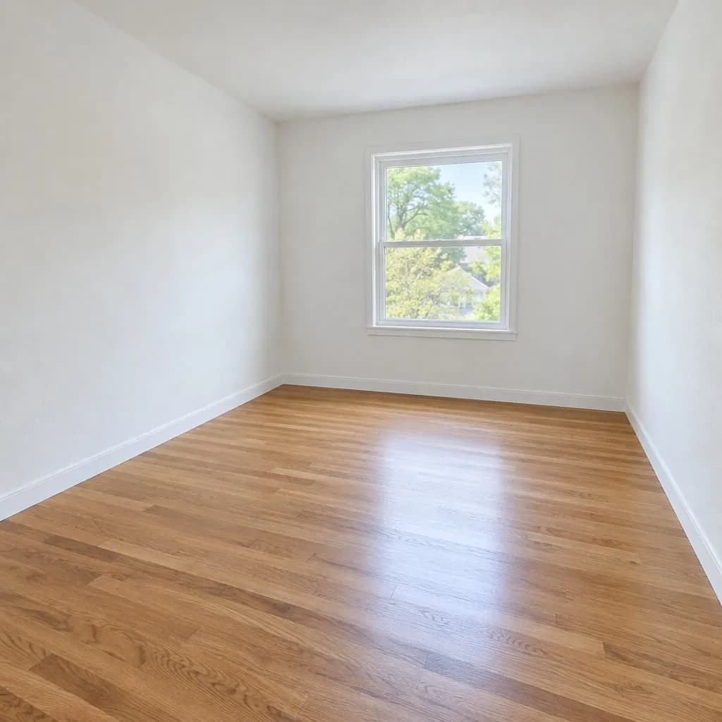A small empty spare room with a hardwood floor and one window