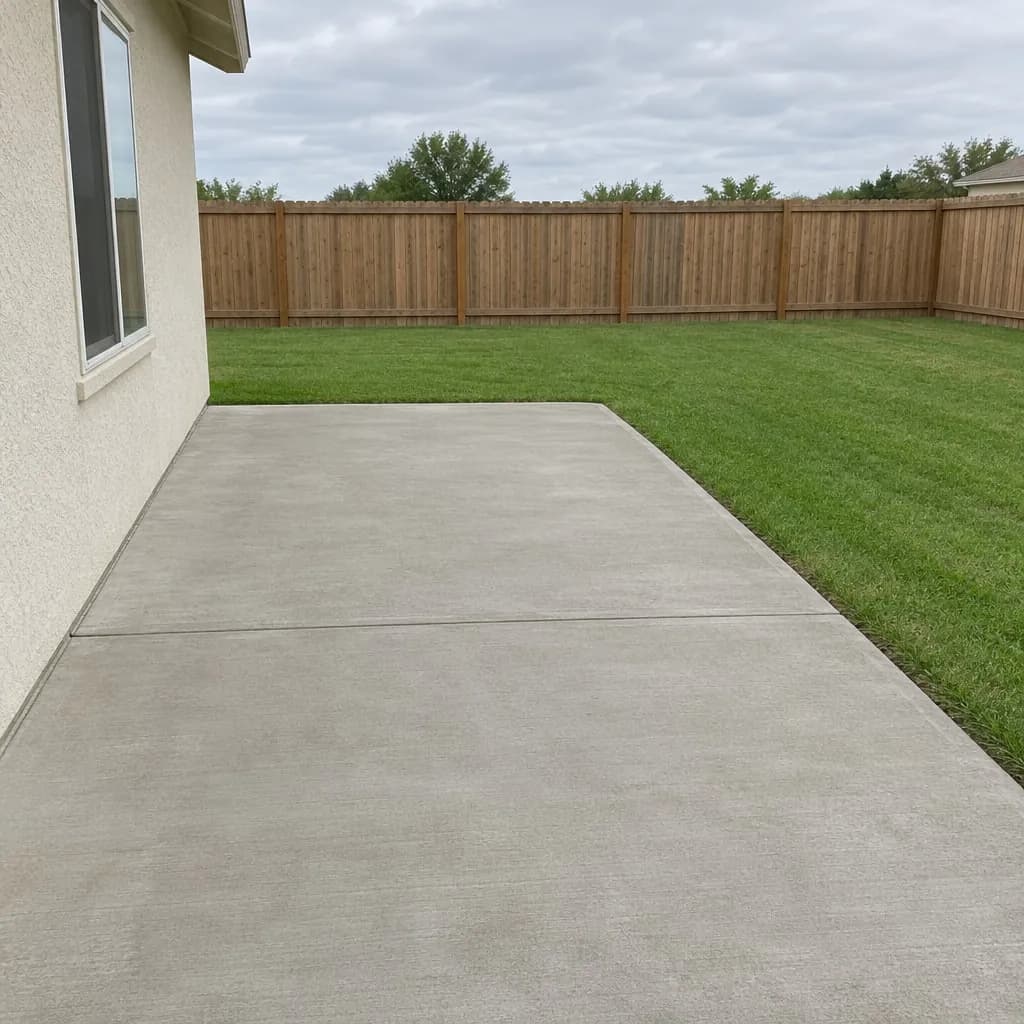 A bare concrete patio with a lawn and fence behind, overcast