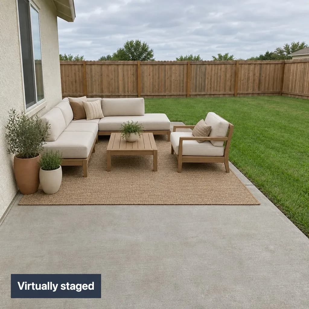 The same patio staged with outdoor sofas, a coffee table, a rug and plants