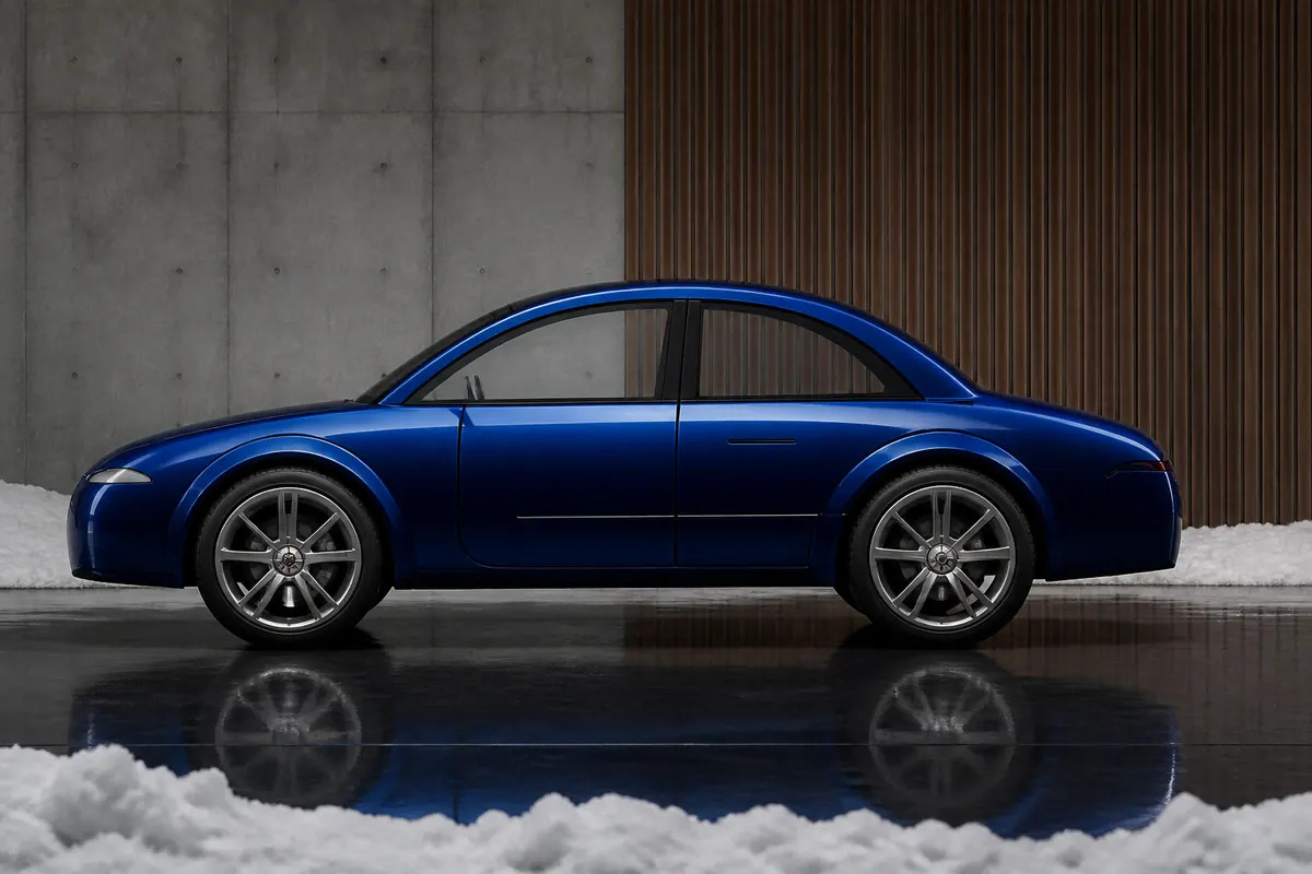 Side-view AI render of a deep blue four-door saloon car on a dark polished floor, snow in the foreground, a concrete wall and timber slats behind