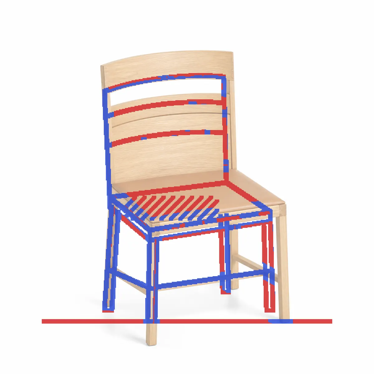 Line check on the oak chair product render: front legs, left back post and stretchers in blue, with the seat hatching, the floor line and the back rails in red