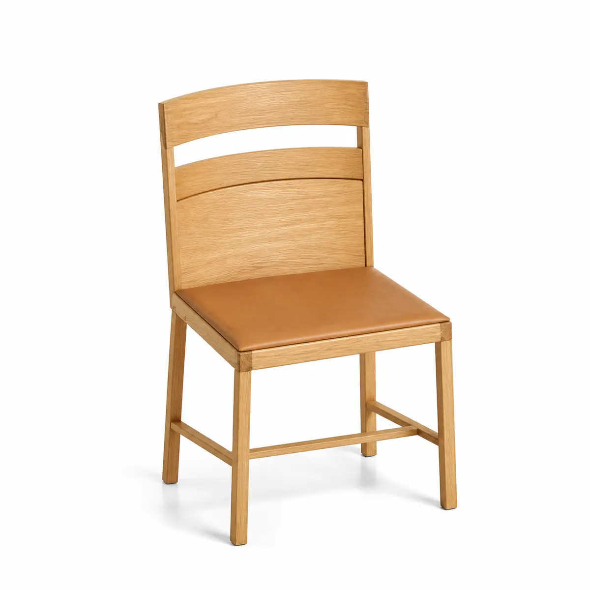 Studio product render of an oak dining chair with a tan leather seat on a white backdrop