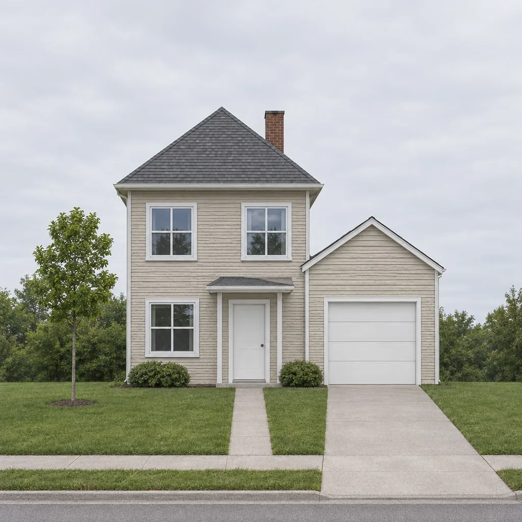 A two-storey suburban house with faded beige vinyl siding, white window trim, a white front door under a small porch roof, a brick chimney, a white garage door and a concrete driveway, under a flat grey sky