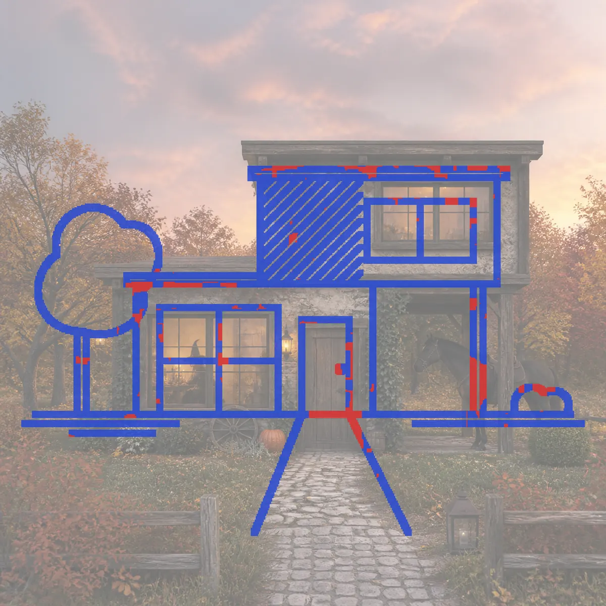 Line check overlay on the cottage render: massing, openings and roofline in blue, a few short red segments at the roof edge, the right-hand post and the door threshold