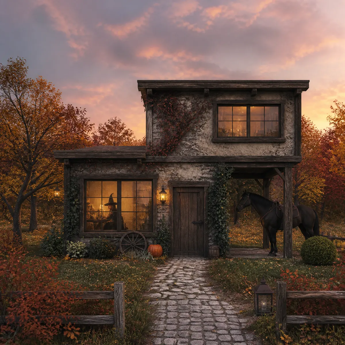 AI render of the same house sketch as a stone medieval cottage at dusk, with autumn trees, a horse under the overhang, a pumpkin by the door and a figure in a pointed hat at the lit window