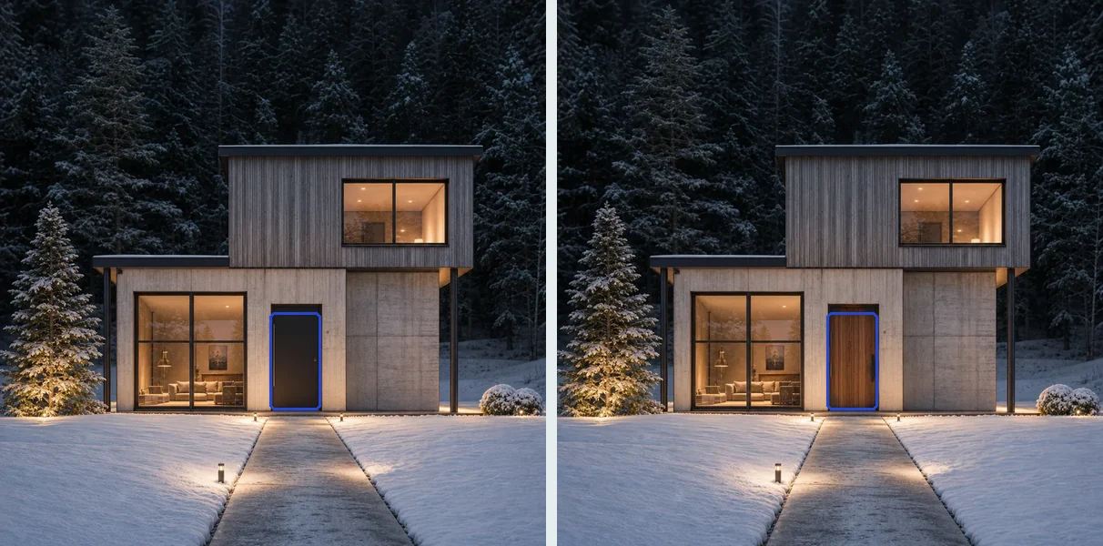 Before and after, side by side: the night house with a dark front door, then the same image with a red oak door; a blue outline marks the door, the only area that changed