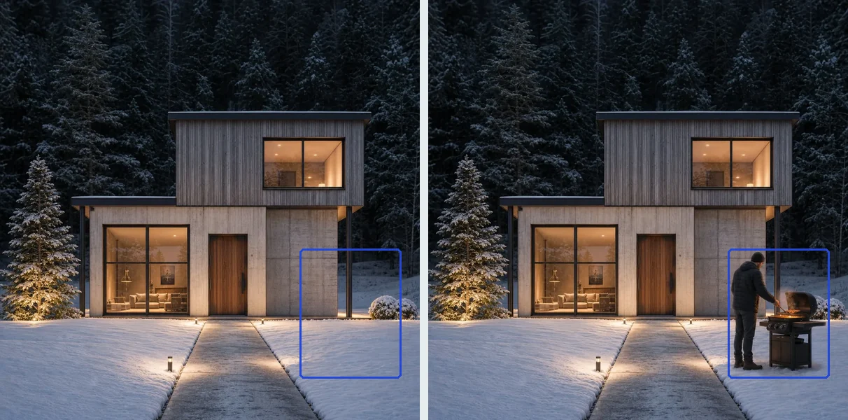 Before and after: the snowy lawn right of the path, then the same image with a person in a winter jacket at a lit grill; a blue outline marks the only area that changed