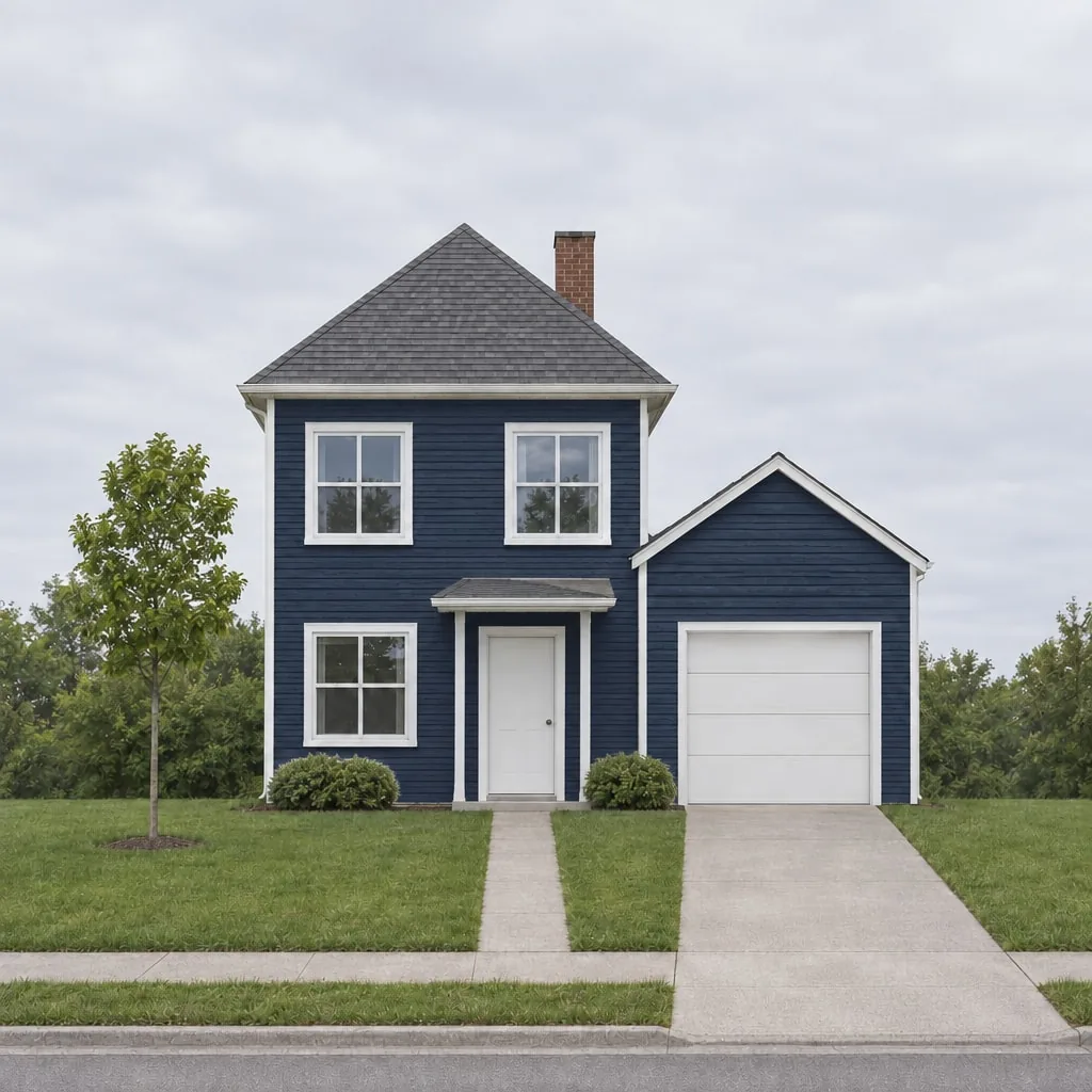 The same house with deep navy blue siding and crisp white window trim, white front door and white garage door