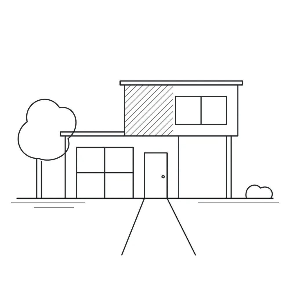 Pencil-style line drawing of a two-story modern house with flat roofs, a hatched upper block, a large window, a front door, a path, a tree and a shrub