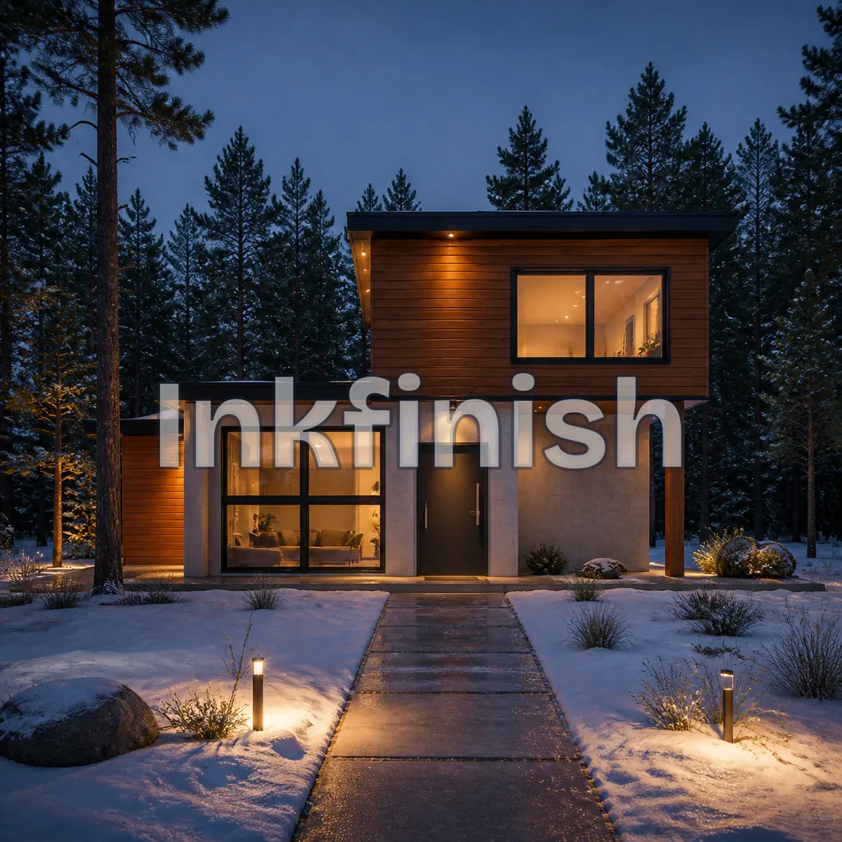The night render as a free account sees it, with the Inkfinish wordmark across the middle of the image