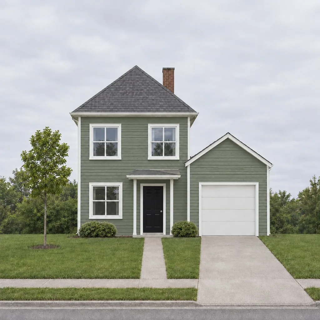 The house with soft sage green siding, white trim and a black front door